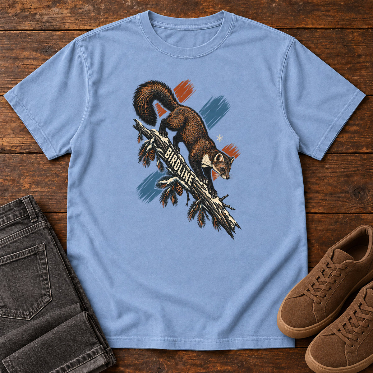 Birdline Squirrel Orange T-Shirt in Washed Denim