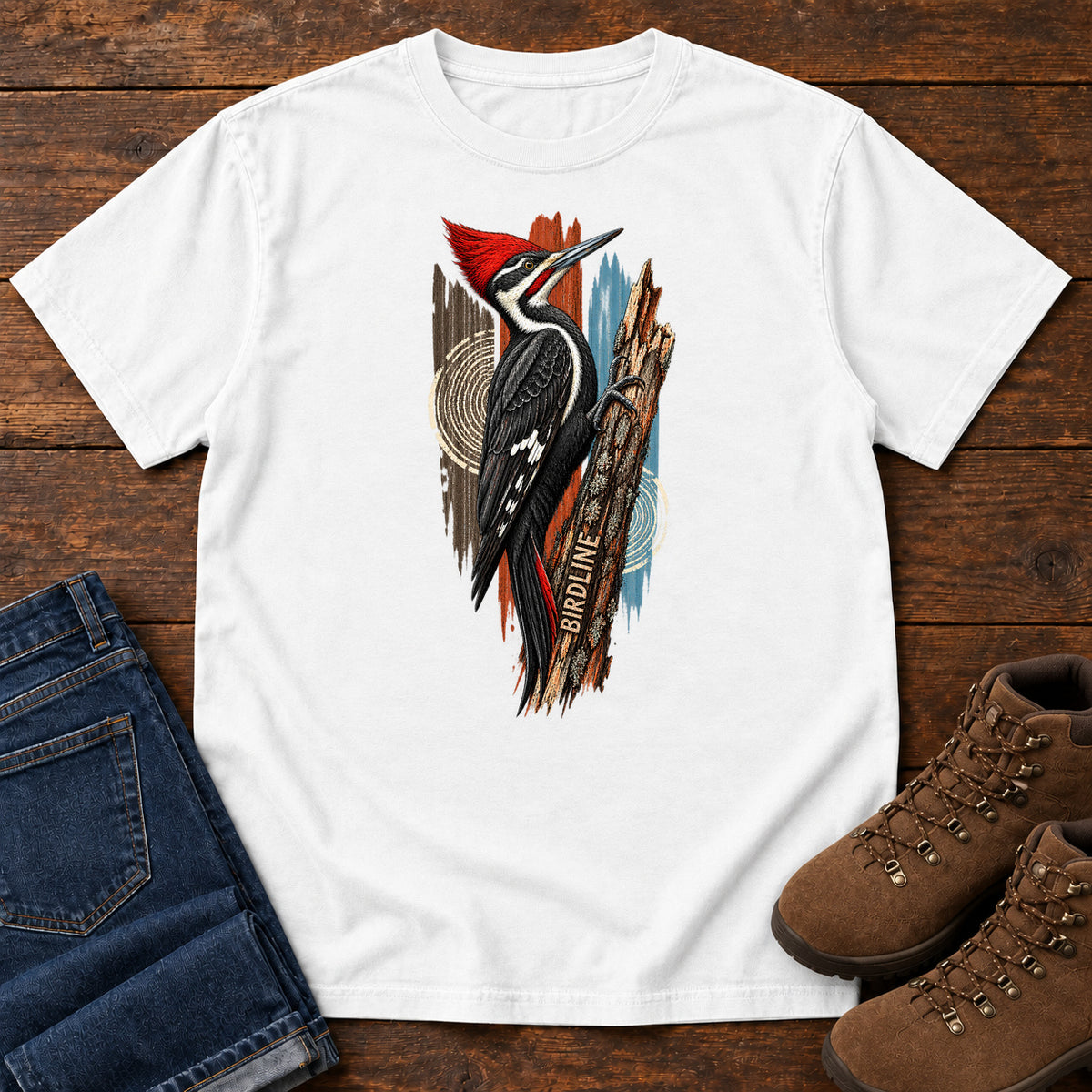 Birdline Woodpecker Woodgrain T-Shirt in White