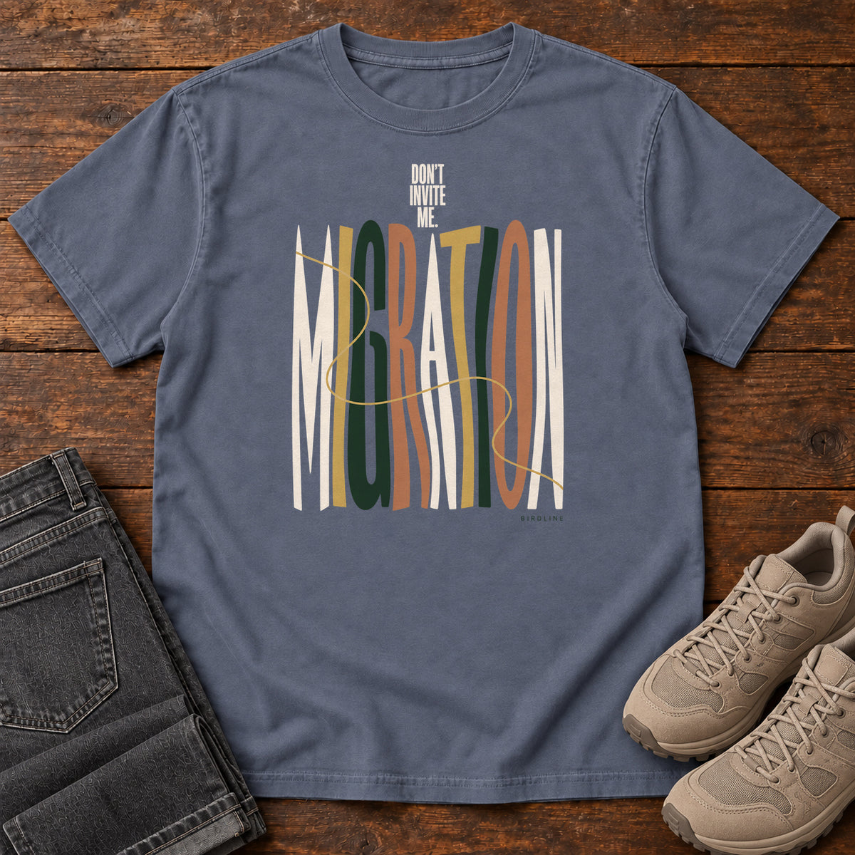 Don't Invite Me Migration T-Shirt in Denim