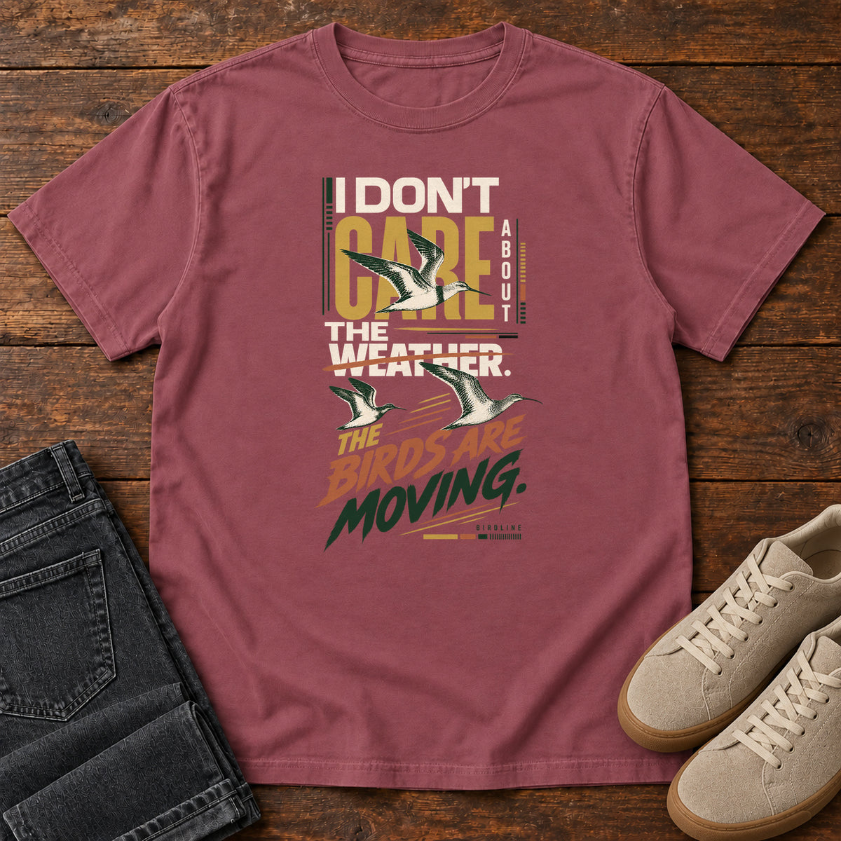 I Don't Care About the Weather the Birds Are Moving T-Shirt in Brick