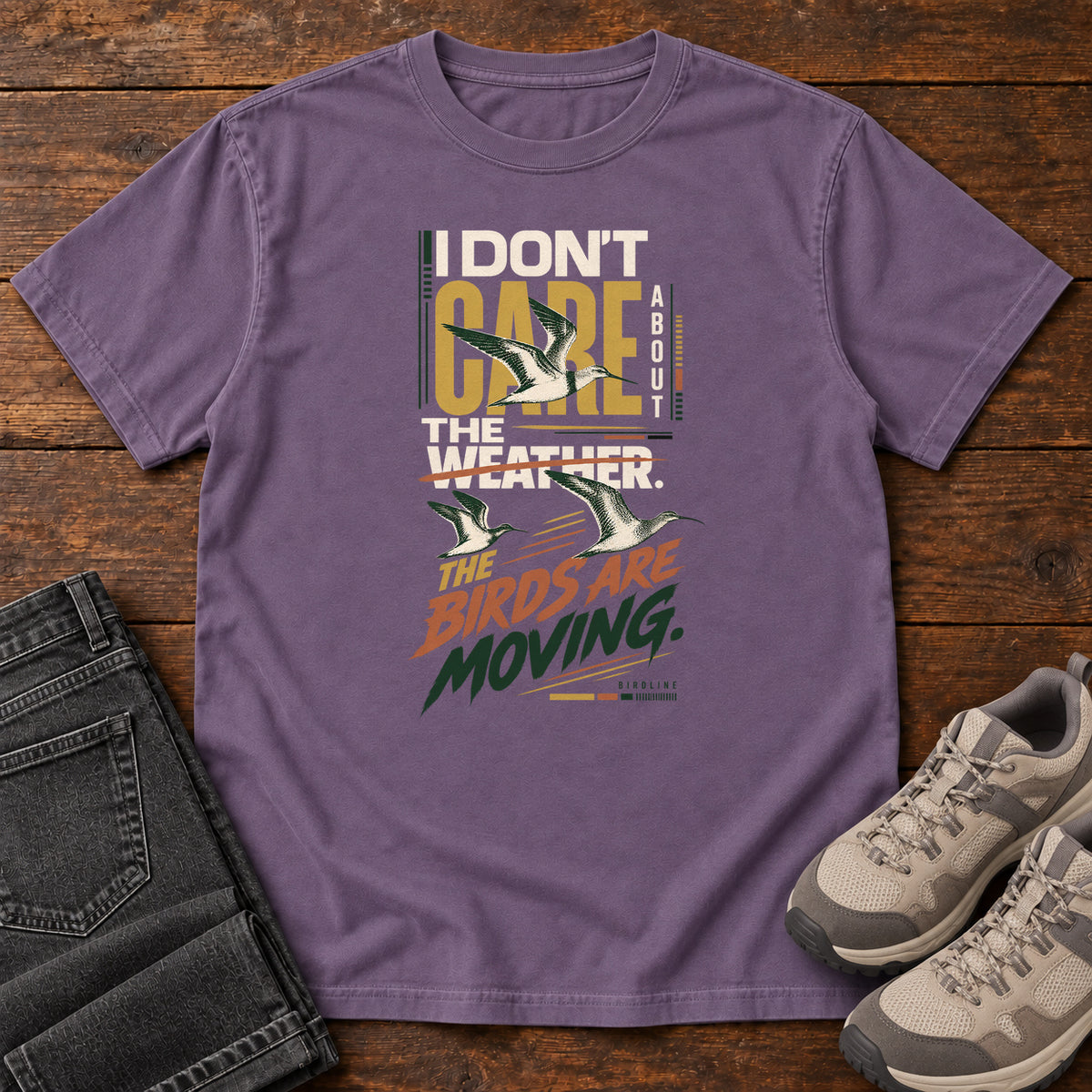 I Don't Care About the Weather the Birds Are Moving T-Shirt in Grape
