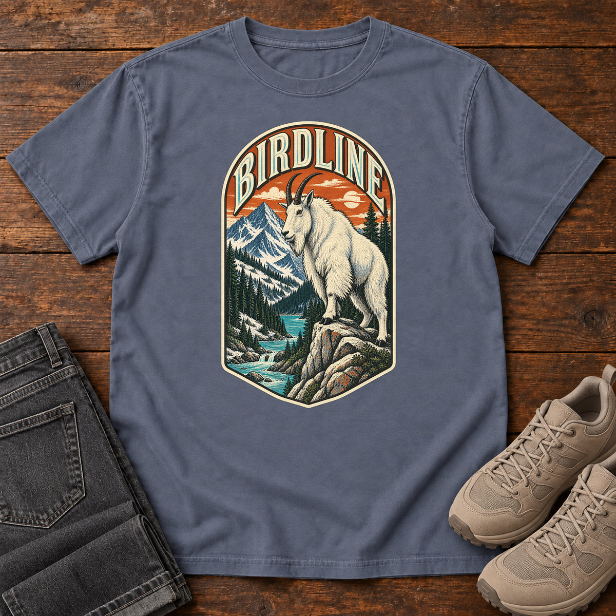Birdline Mountain Goat Badge T-Shirt in Denim