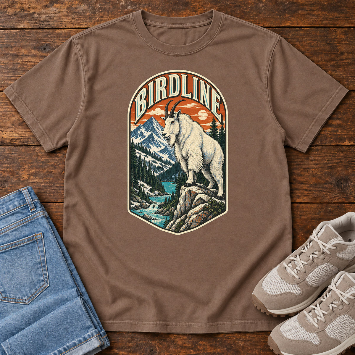 Birdline Mountain Goat Badge T-Shirt in Espresso