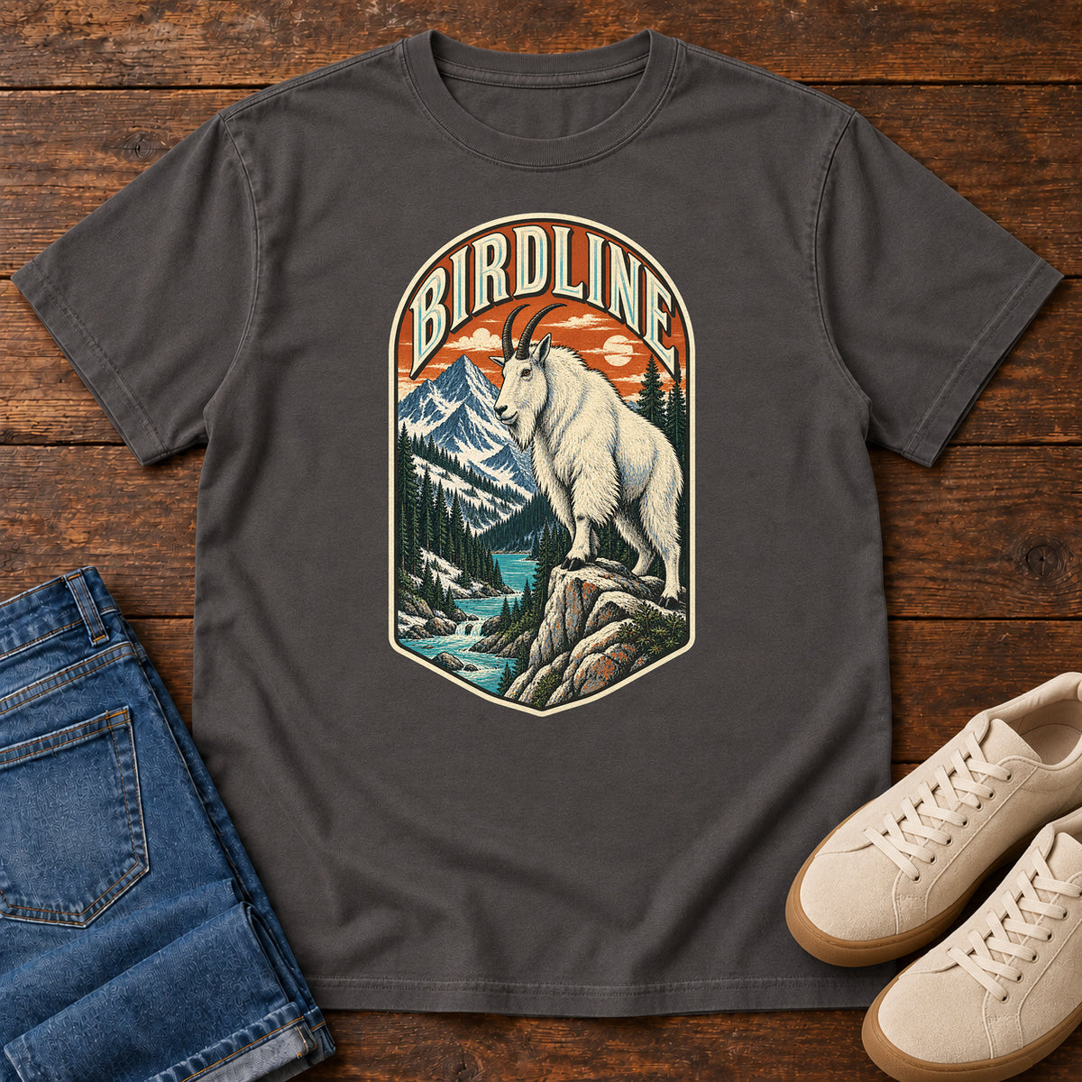 Birdline Mountain Goat Badge T-Shirt in Graphite