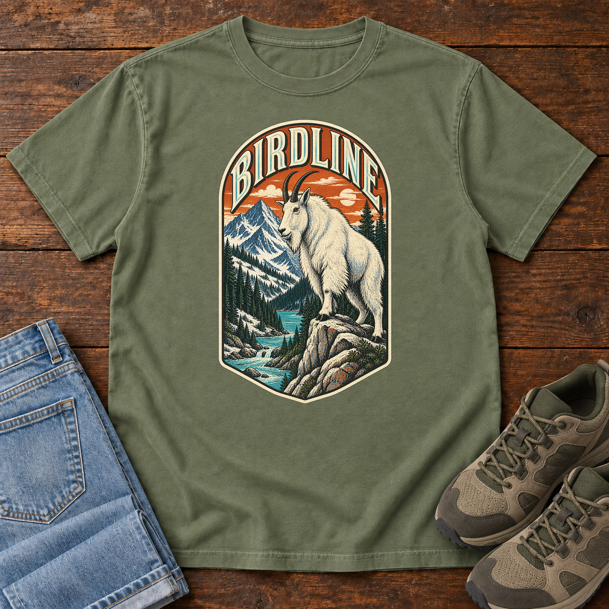 Birdline Mountain Goat Badge T-Shirt in Moss
