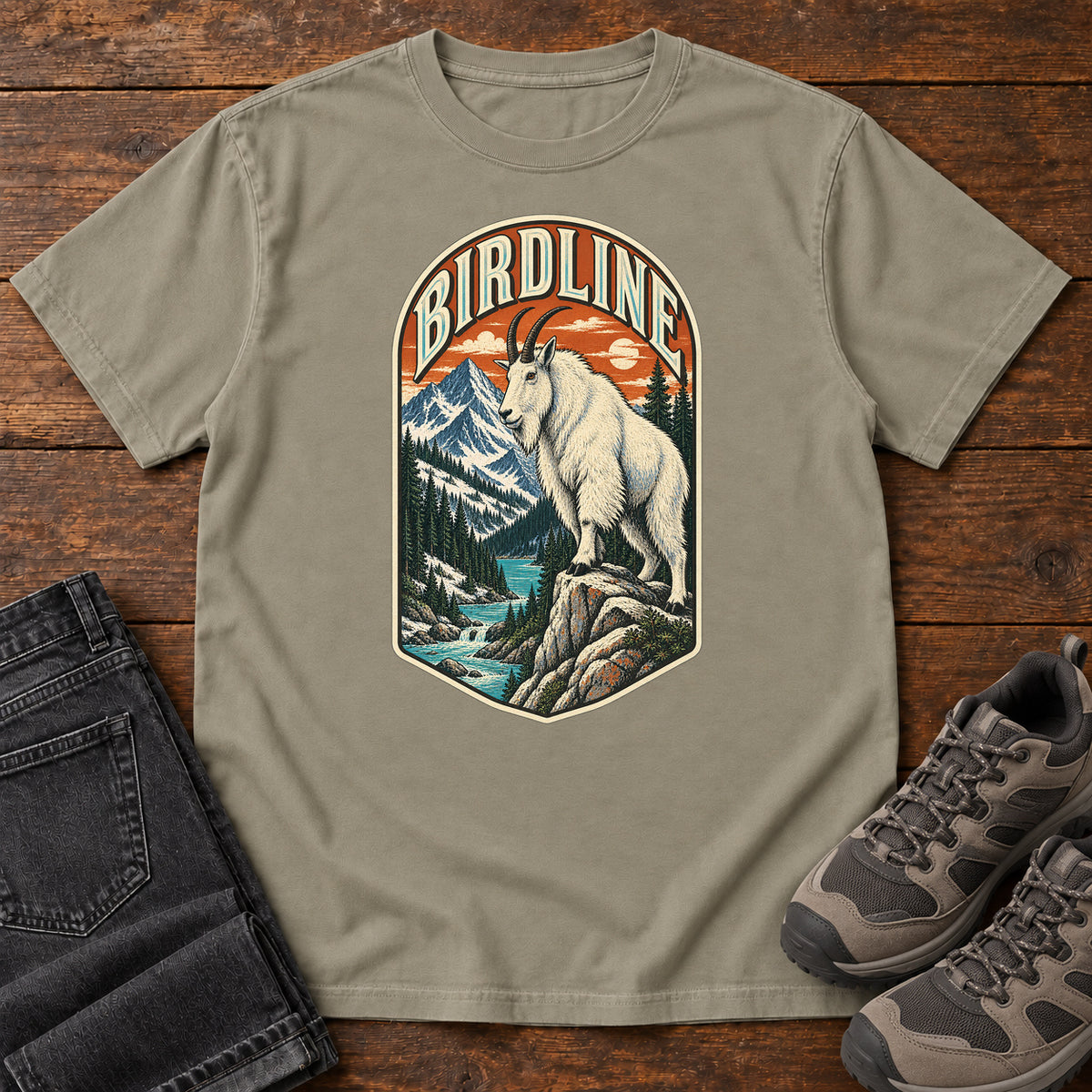Birdline Mountain Goat Badge T-Shirt in Sandstone