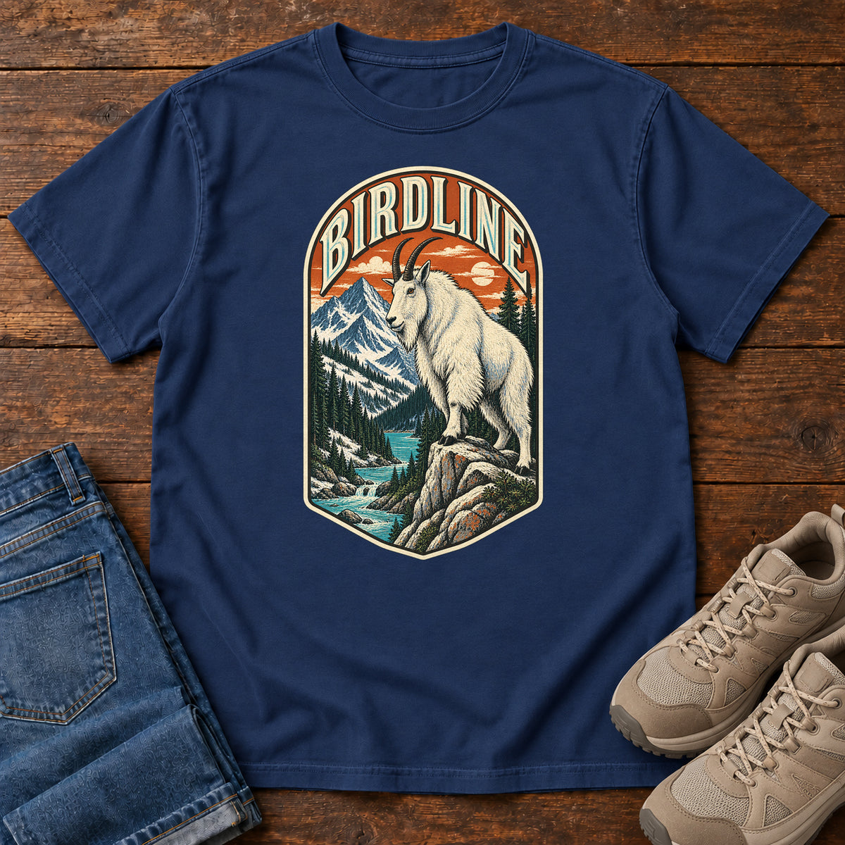 Birdline Mountain Goat Badge T-Shirt in True Navy