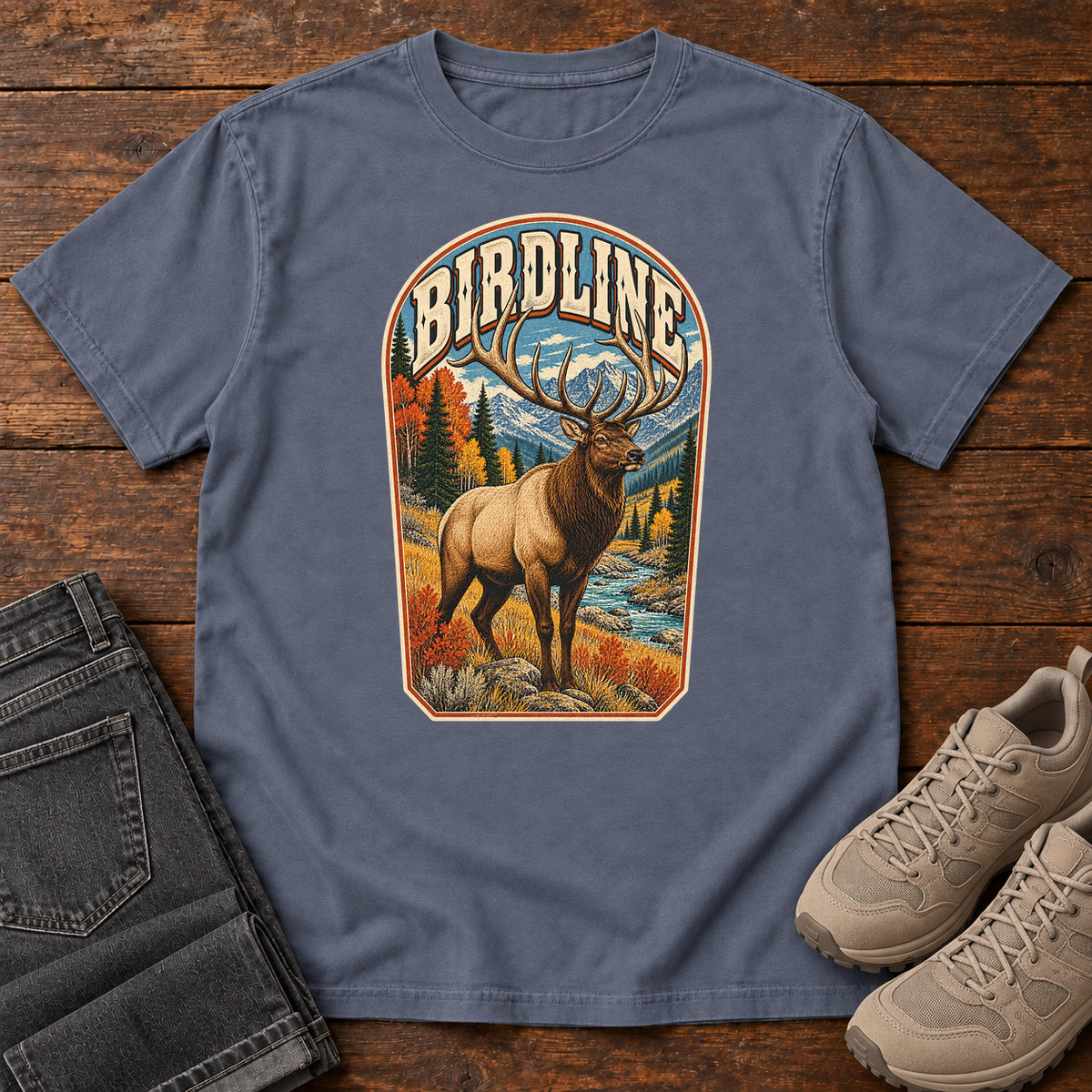 Birdline Elk Badge T-Shirt in Denim
