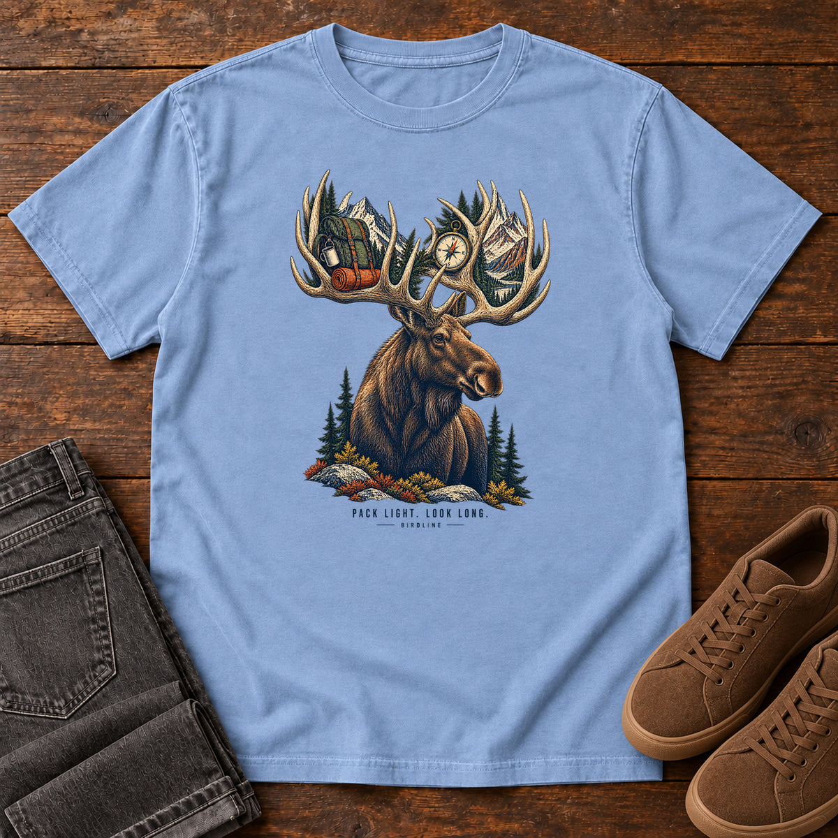 Pack Light Look Long Moose T-Shirt in Washed Denim