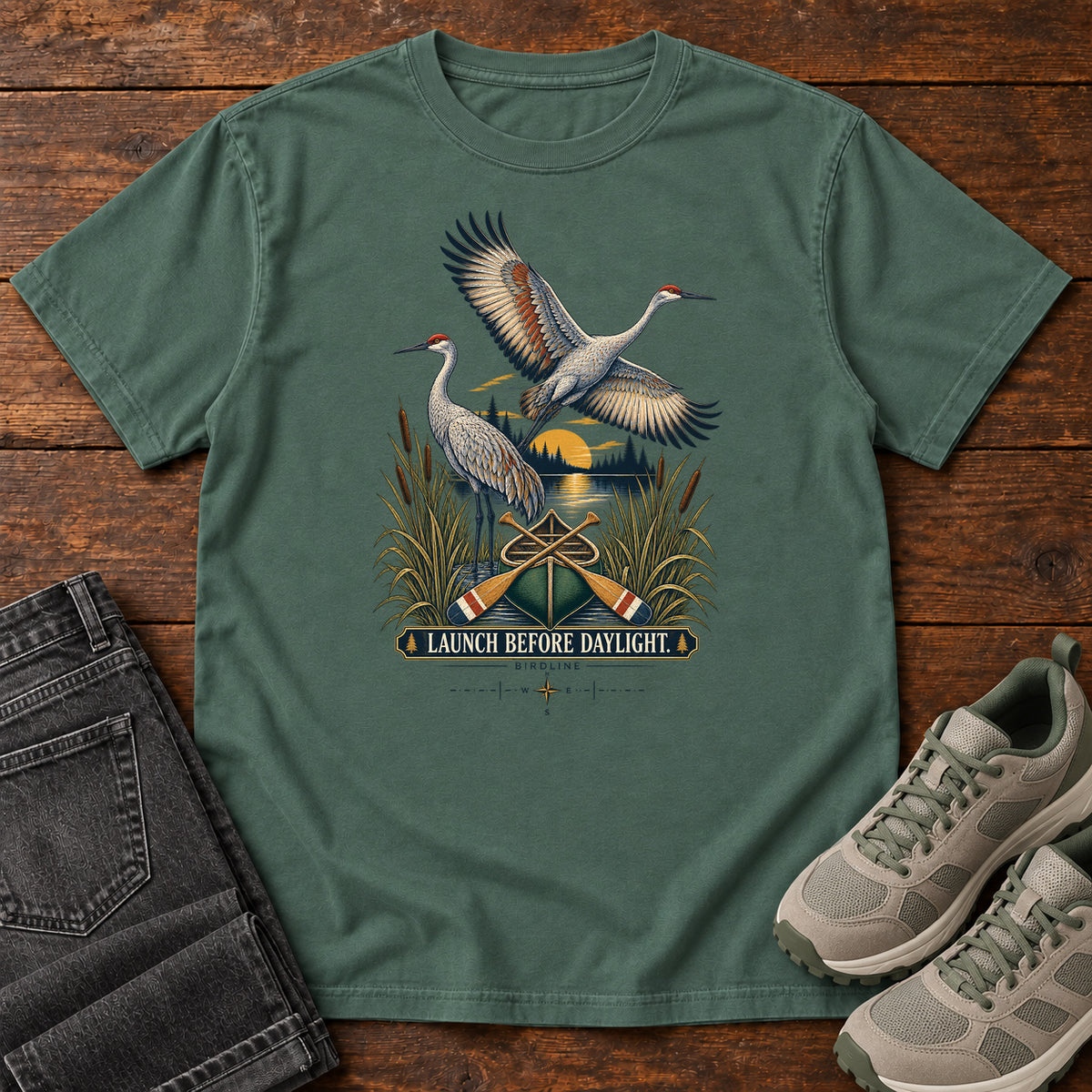 Launch Before Daylight Cranes T-Shirt in Blue Spruce