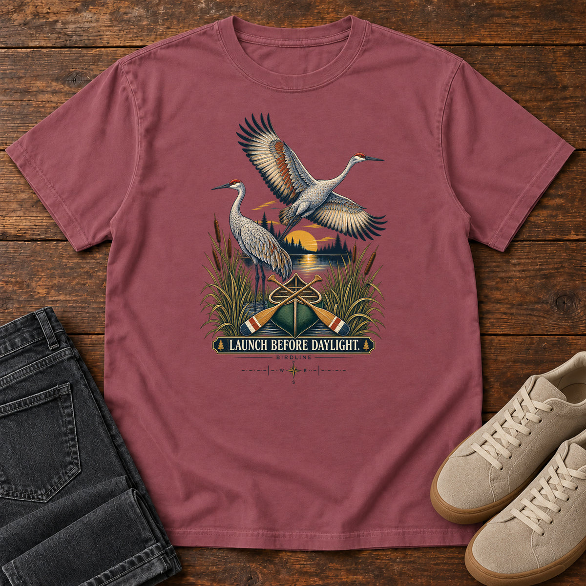 Launch Before Daylight Cranes T-Shirt in Brick