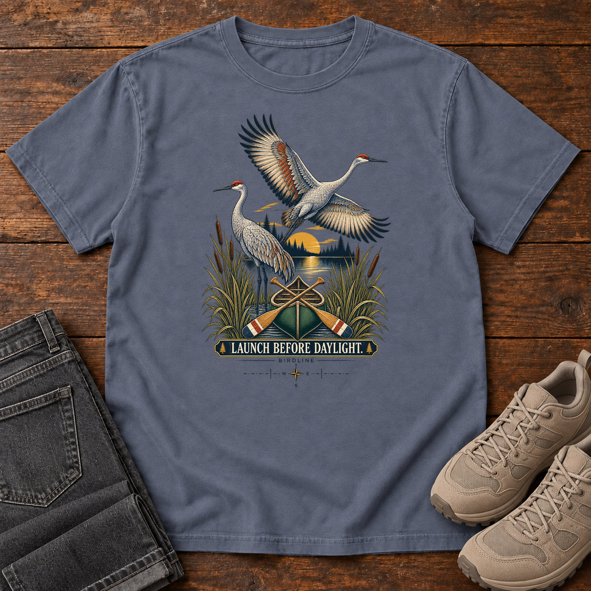Launch Before Daylight Cranes T-Shirt in Denim