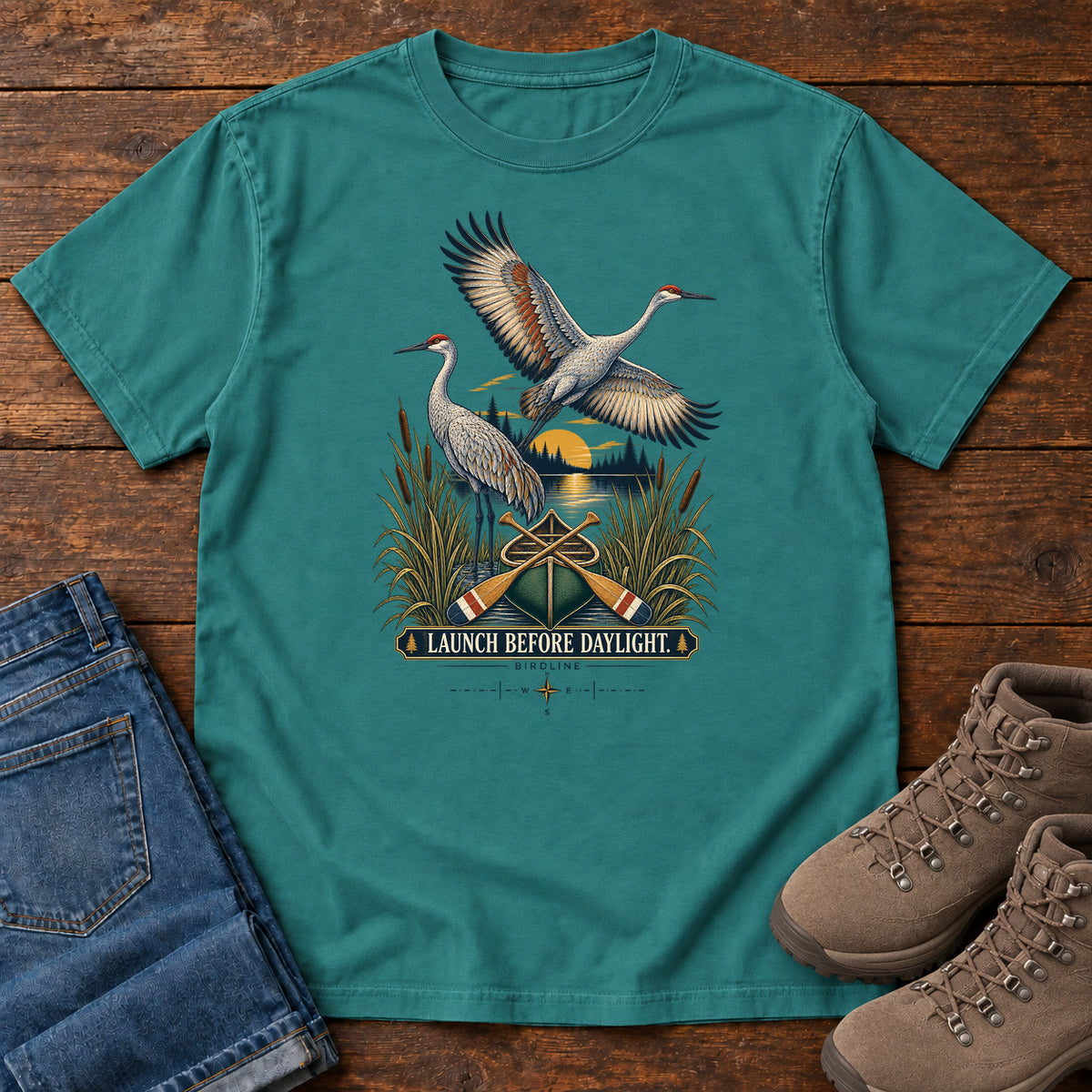 Launch Before Daylight Cranes T-Shirt in Emerald