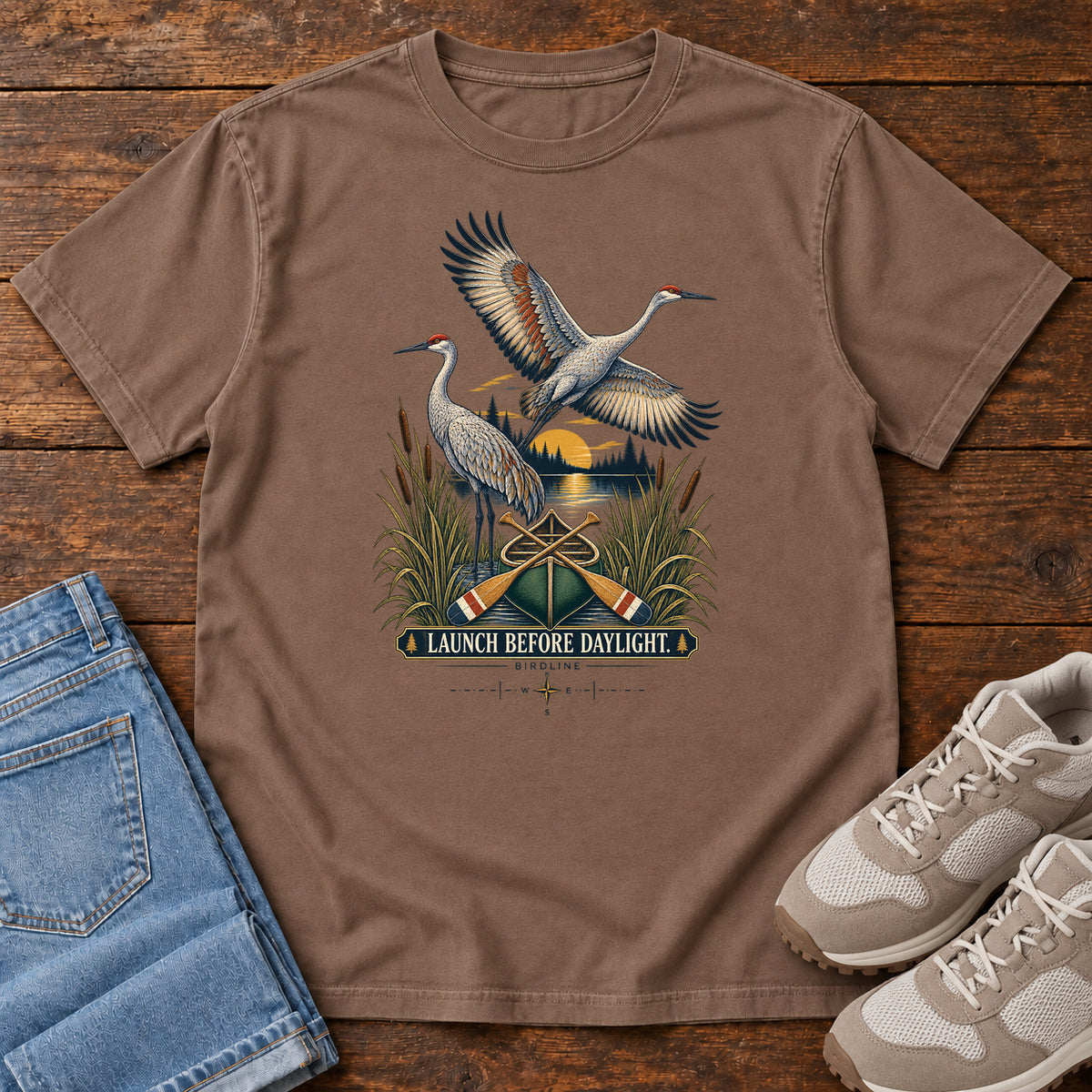 Launch Before Daylight Cranes T-Shirt in Espresso