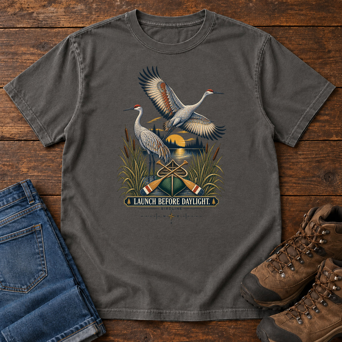 Launch Before Daylight Cranes T-Shirt in Pepper