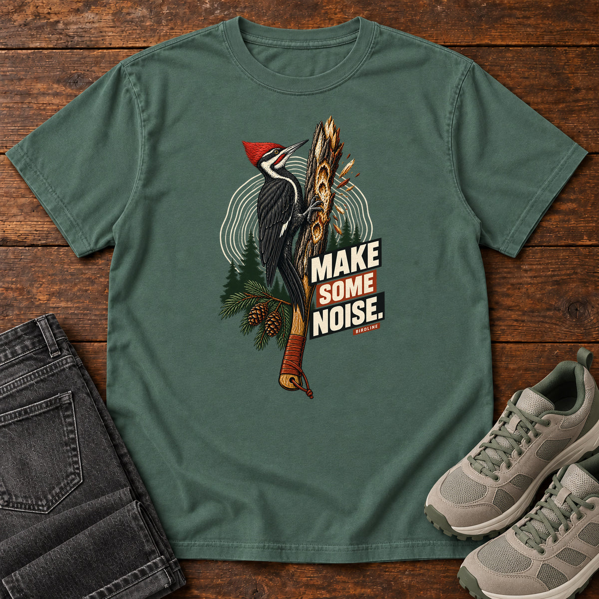Make Some Noise Woodpecker T-Shirt in Blue Spruce