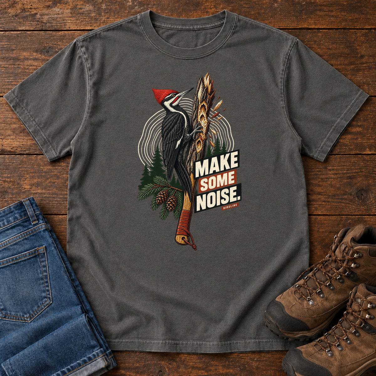 Make Some Noise Woodpecker T-Shirt in Pepper