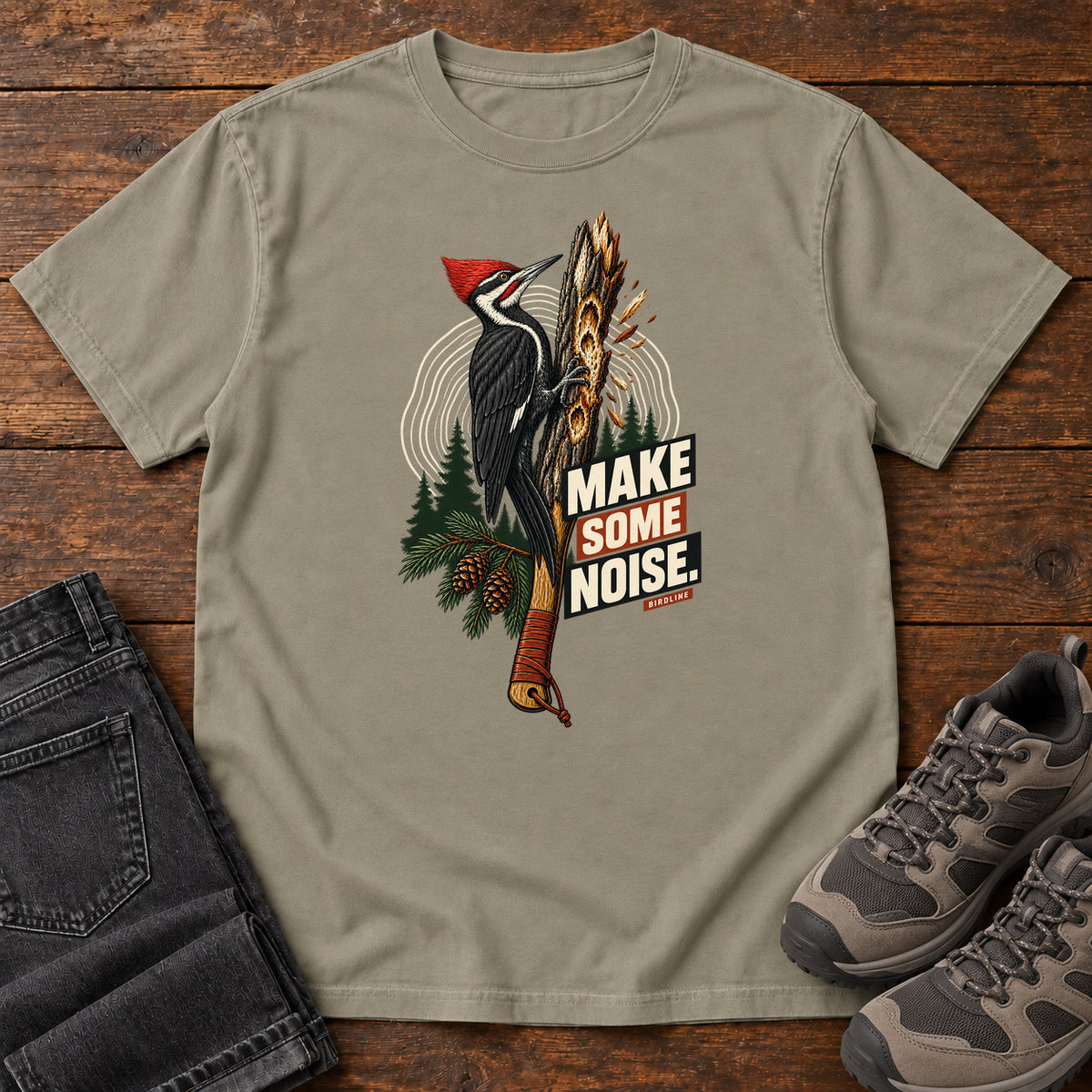 Make Some Noise Woodpecker T-Shirt in Sandstone
