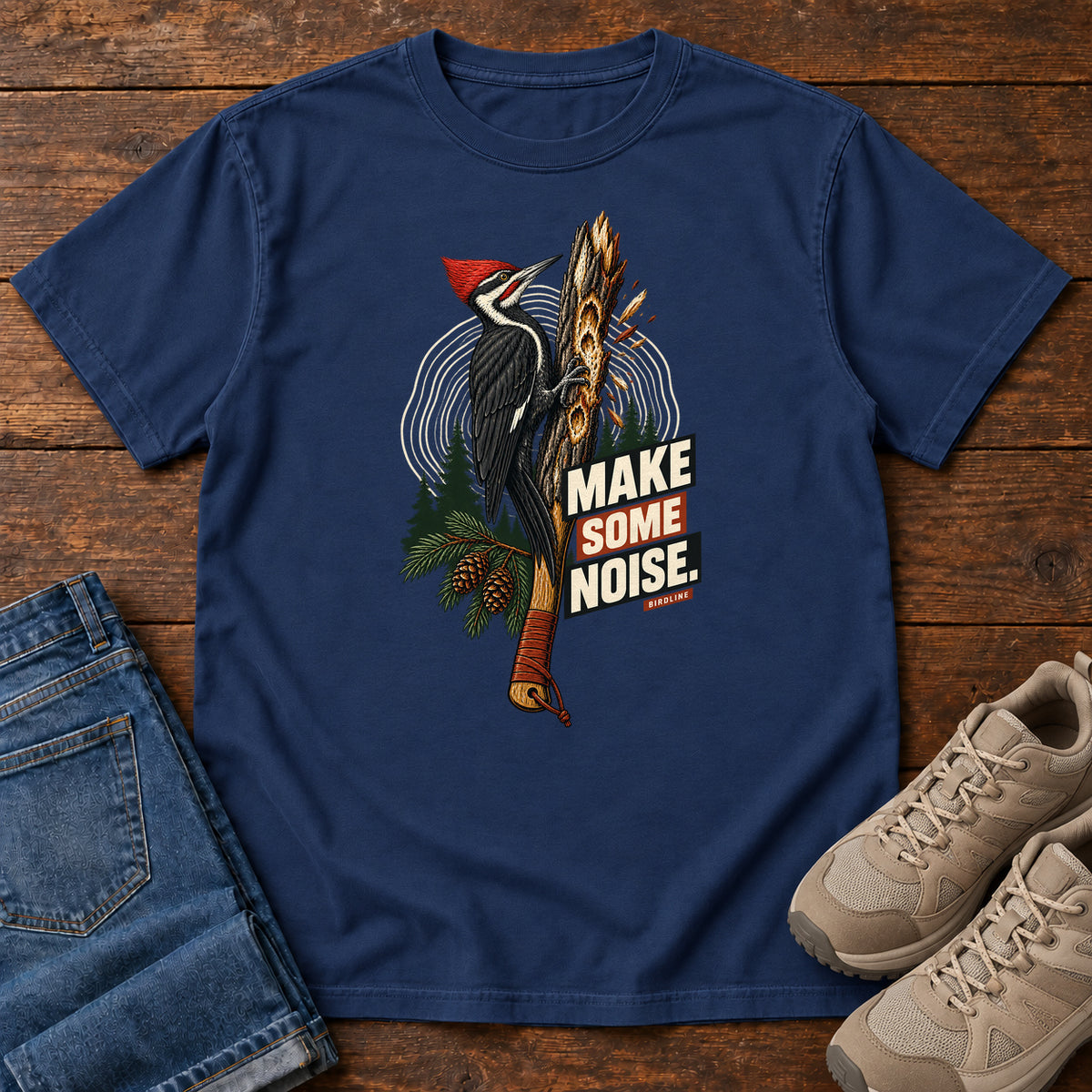 Make Some Noise Woodpecker T-Shirt in True Navy