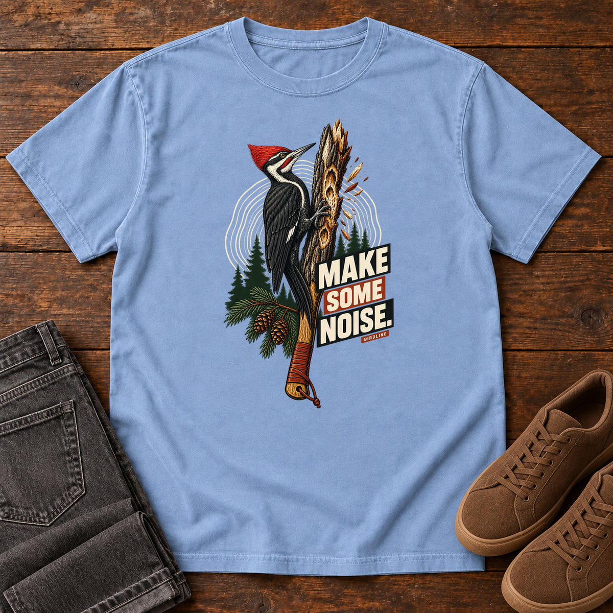 Make Some Noise Woodpecker T-Shirt in Washed Denim