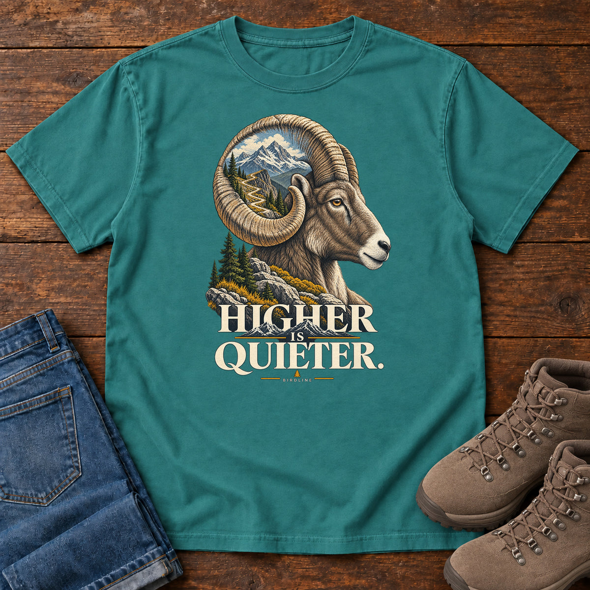 Higher is Quieter Bighorn Sheep T-Shirt in Emerald