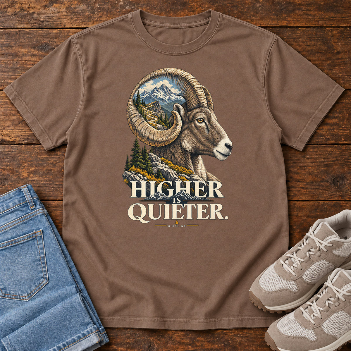 Higher is Quieter Bighorn Sheep T-Shirt in Espresso