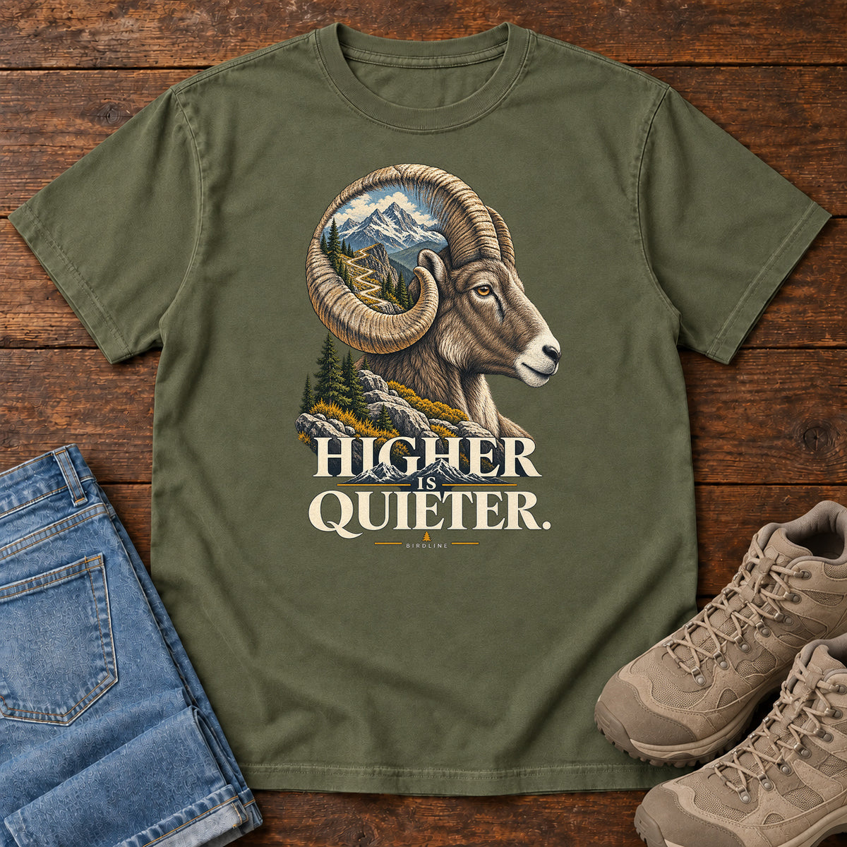 Higher is Quieter Bighorn Sheep T-Shirt in Hemp