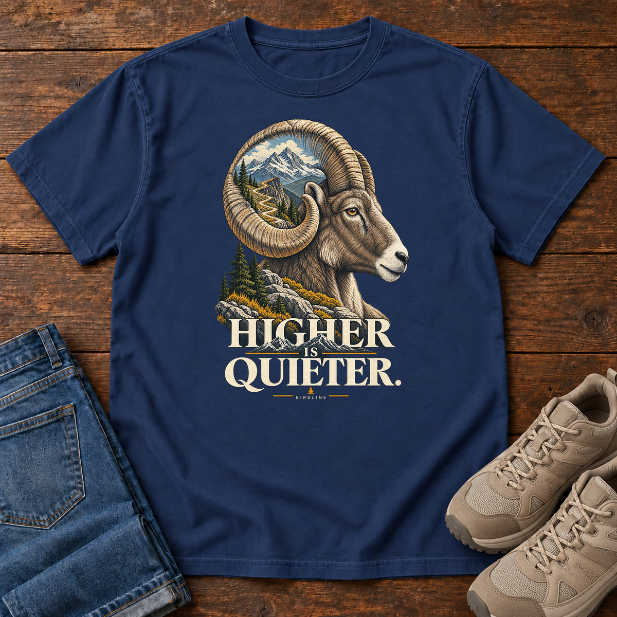 Higher is Quieter Bighorn Sheep T-Shirt in True Navy