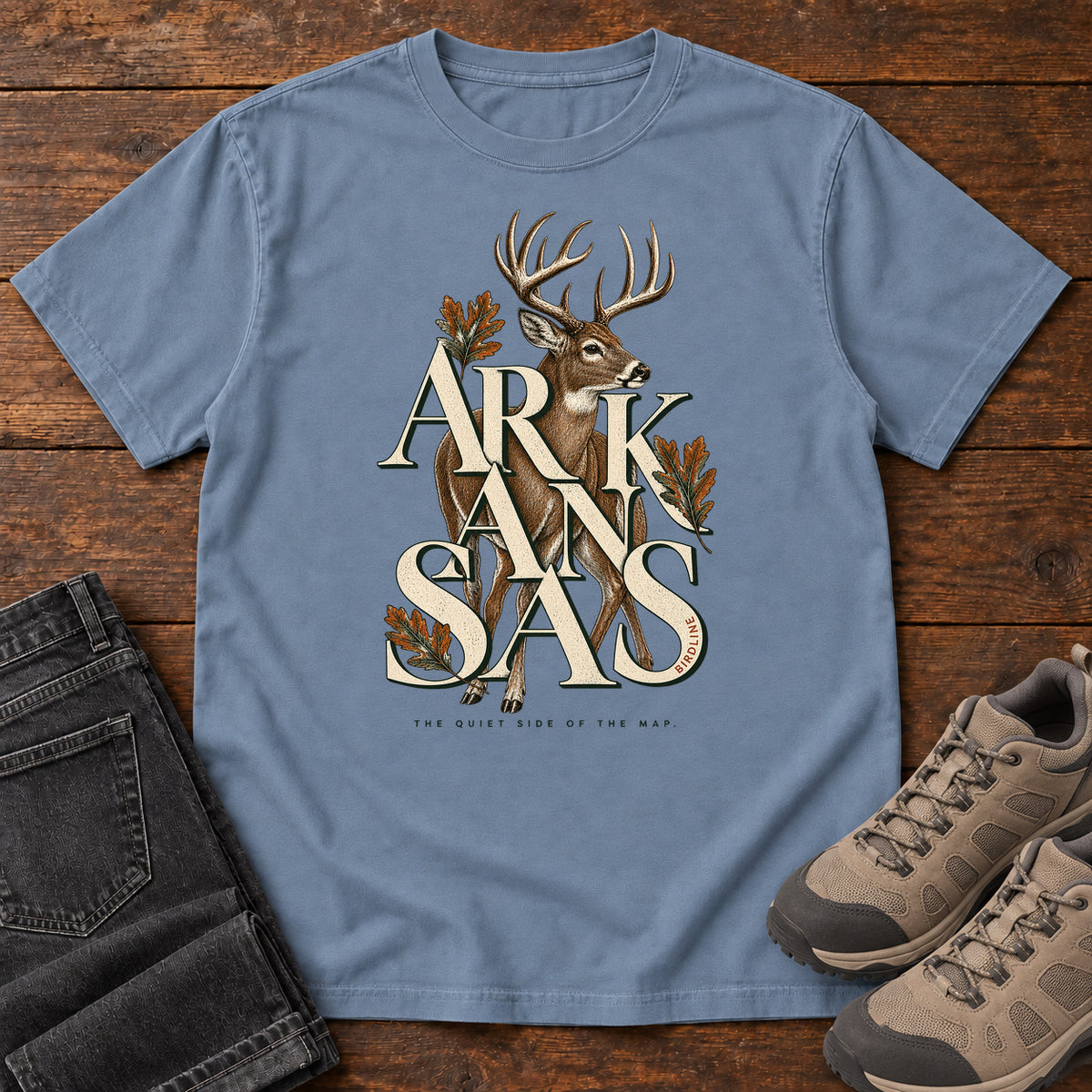 Arkansas the Quiet Side Deer T-Shirt in Blue Jean