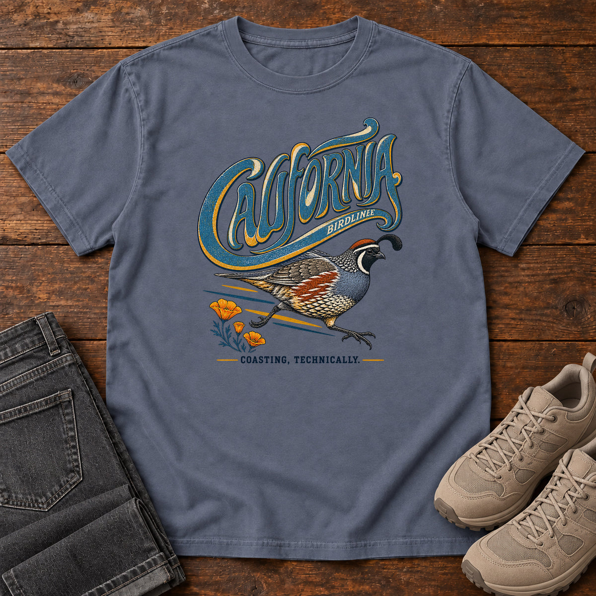 California Coasting Technically Quail T-Shirt in Denim