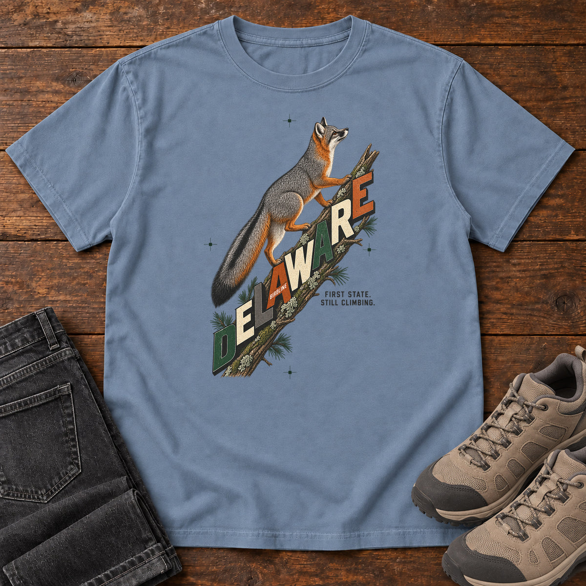 Delaware First State Still Climbing Fox T-Shirt in Blue Jean
