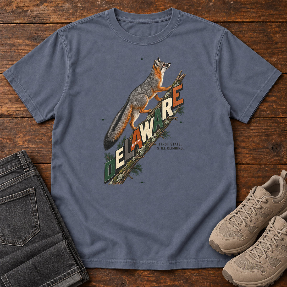 Delaware First State Still Climbing Fox T-Shirt in Denim