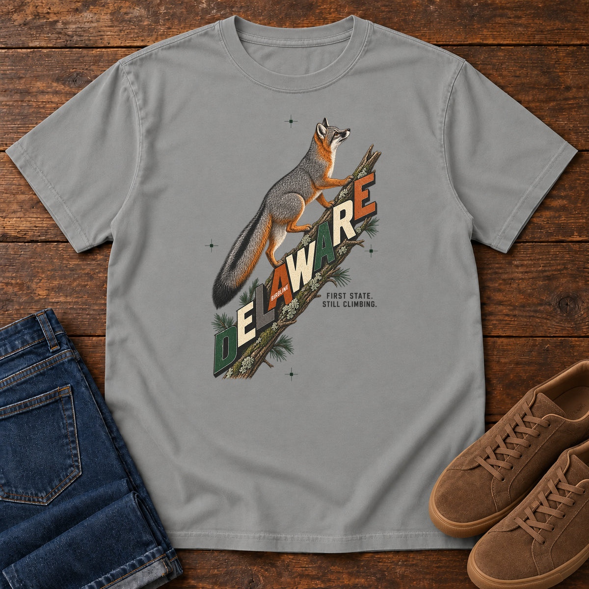 Delaware First State Still Climbing Fox T-Shirt in Grey