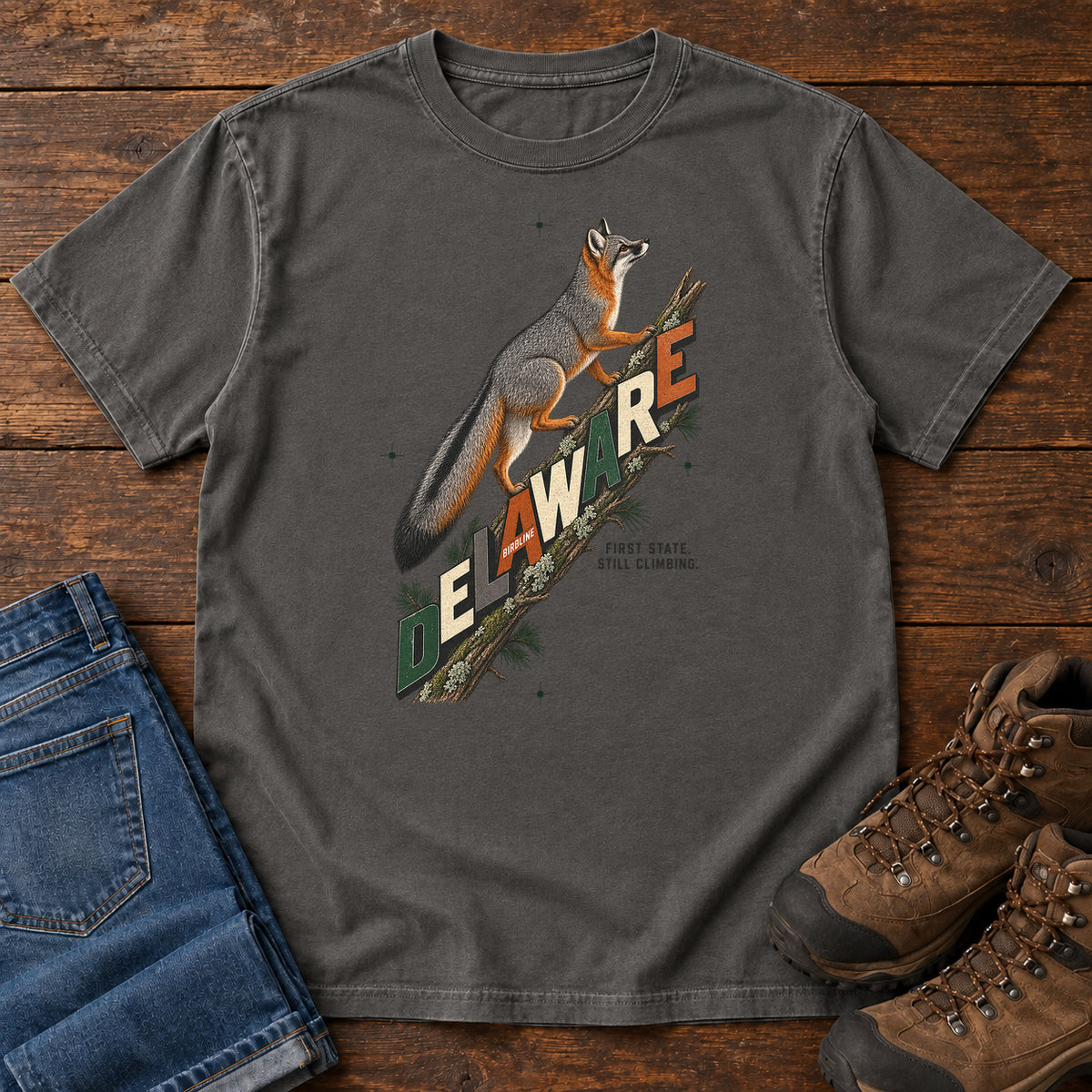 Delaware First State Still Climbing Fox T-Shirt in Pepper