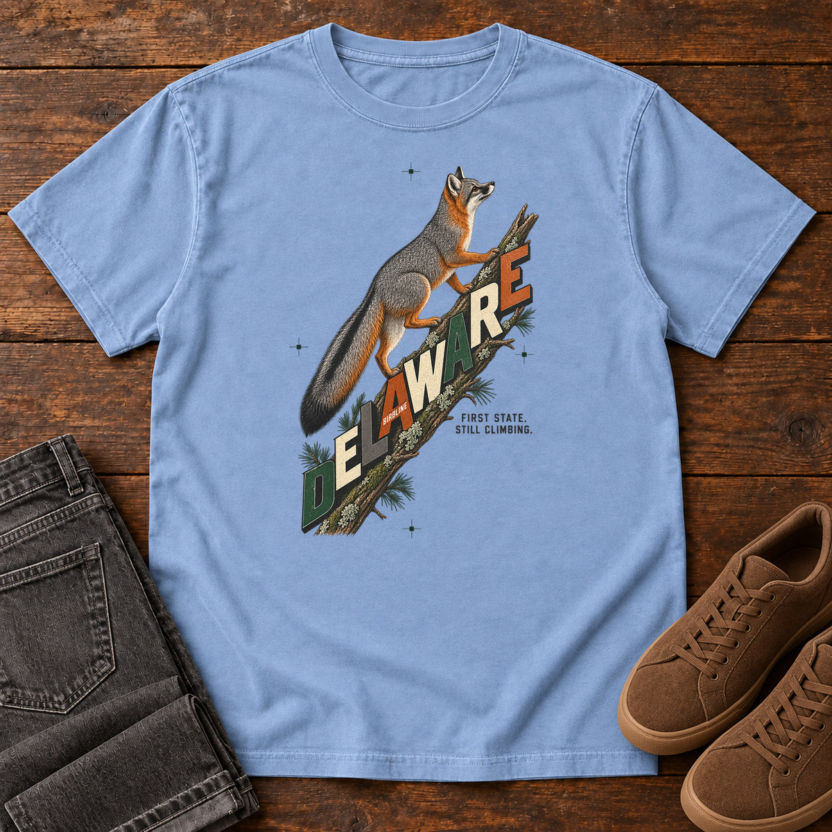 Delaware First State Still Climbing Fox T-Shirt in Washed Denim