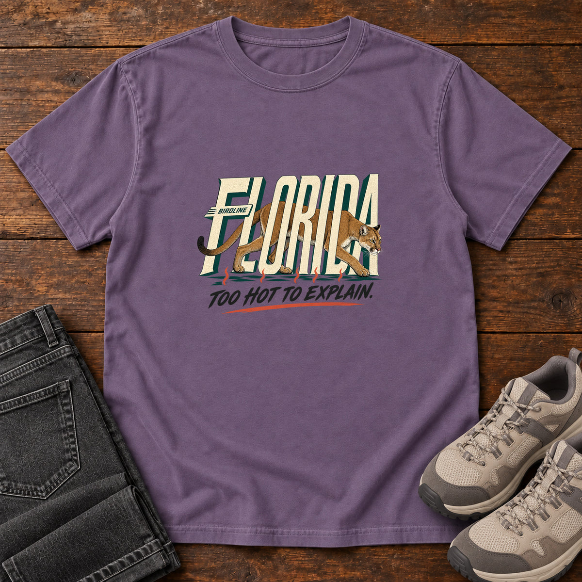 Florida Too Hot to Explain Panther T-Shirt in Grape
