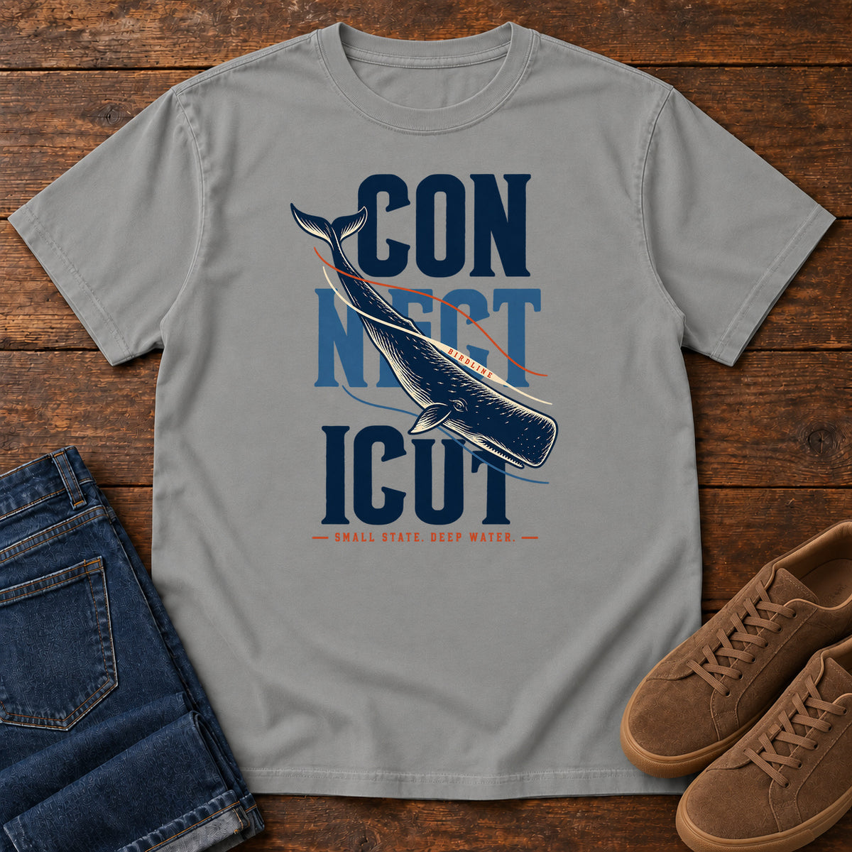 Connecticut Small State Deep Water Whale T-Shirt in Grey