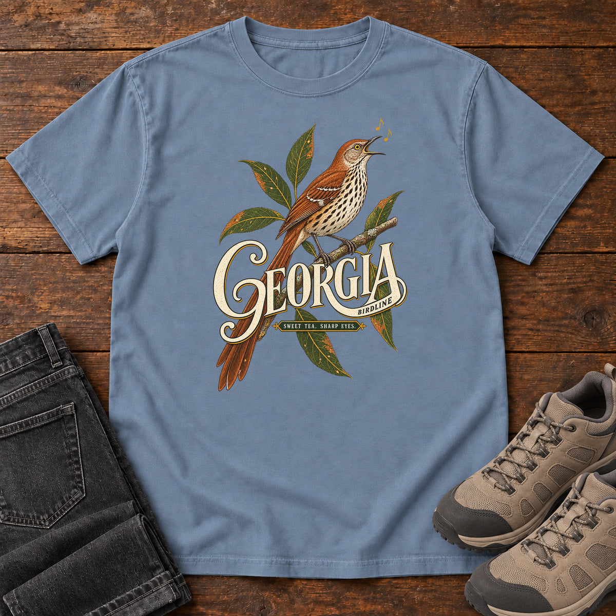 Blue Jean Georgia Sharp Eyes T-Shirt with a brown, speckle-breasted bird on a leafy branch above Georgia lettering, front flat lay on wood.