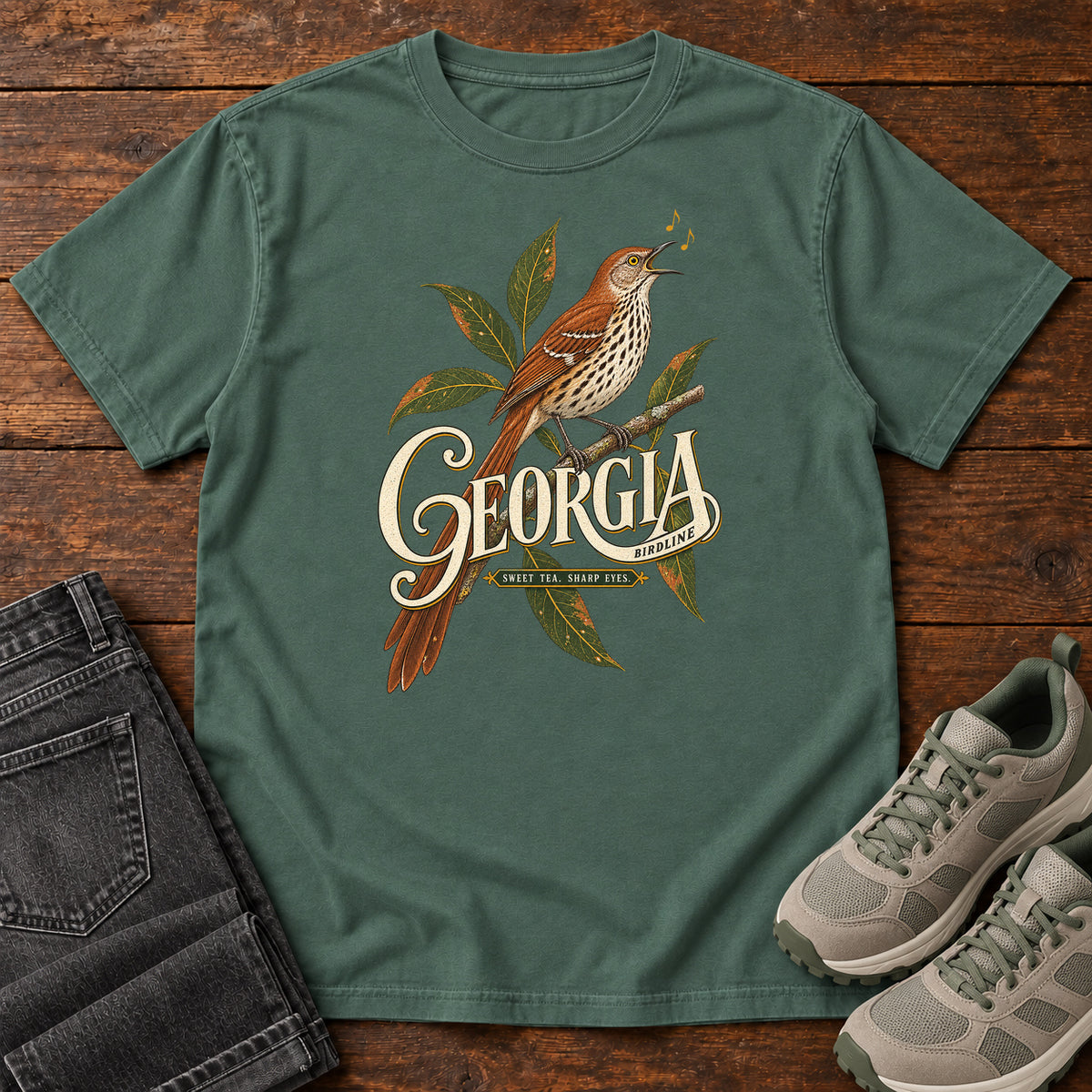 Blue Spruce Georgia Sharp Eyes T-Shirt with a brown, speckle-breasted bird on a leafy branch above Georgia lettering, front flat lay on wood.