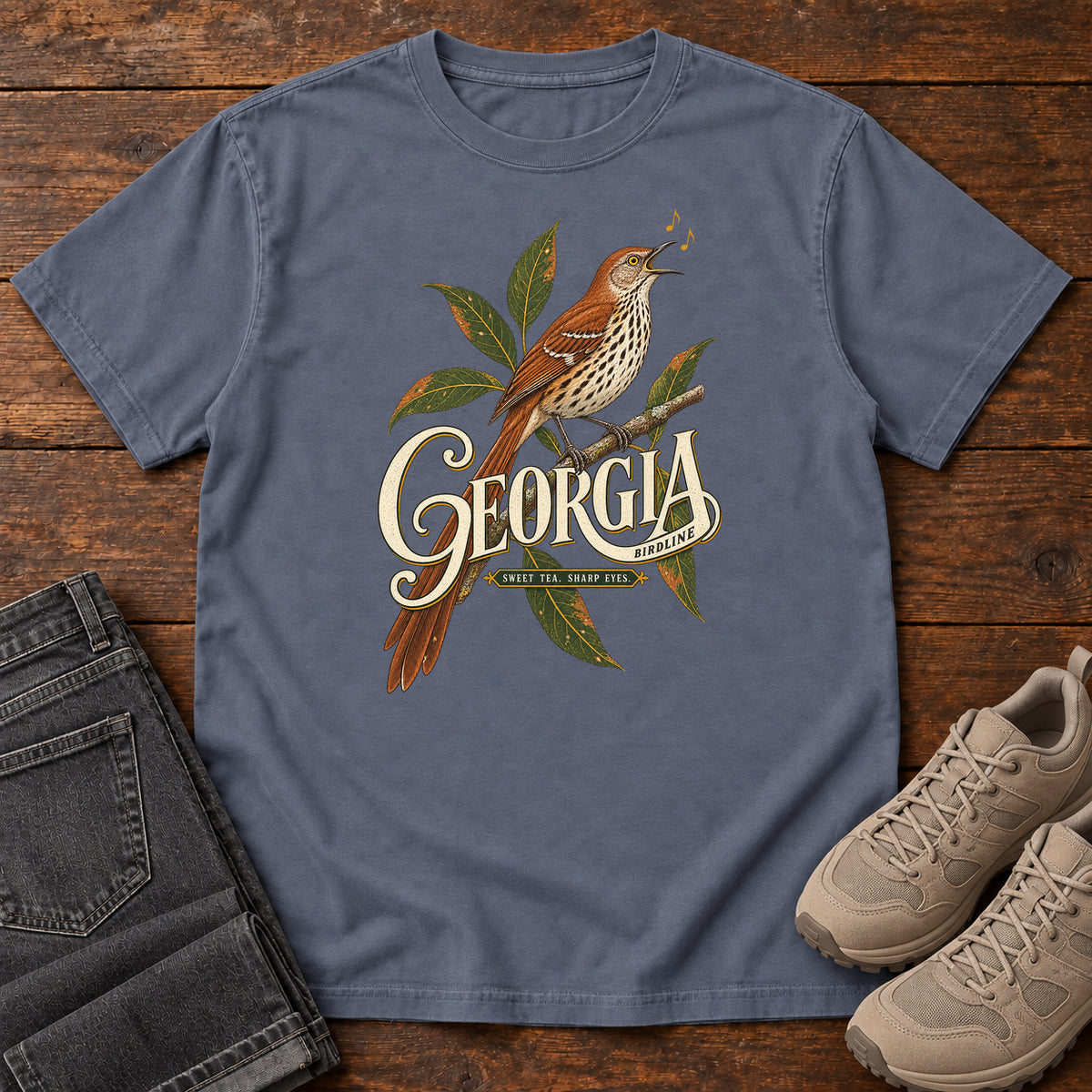 Denim Georgia Sharp Eyes T-Shirt with a brown, speckle-breasted bird on a leafy branch above Georgia lettering, front flat lay on wood.
