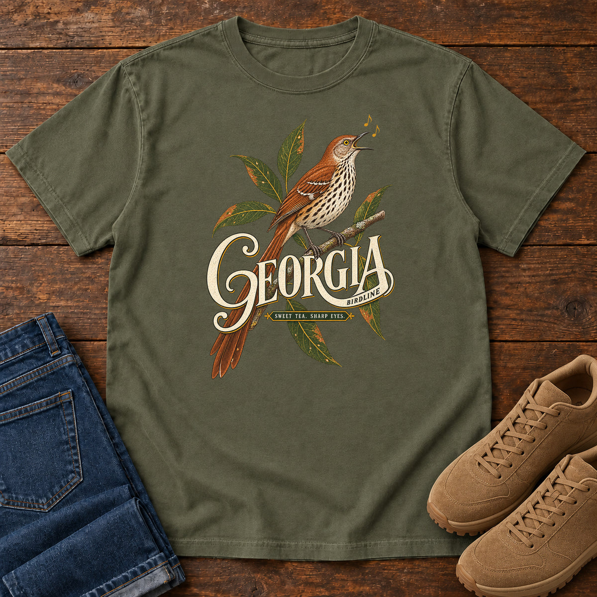 Sage Georgia Sharp Eyes T-Shirt with a brown, speckle-breasted bird on a leafy branch above Georgia lettering, front flat lay on wood.