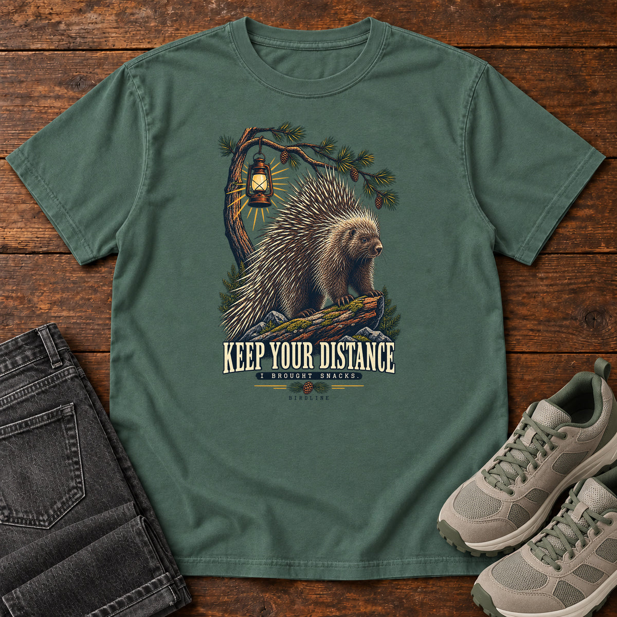 Keep Your Distance I Brought Snacks Porcupine T-Shirt in Blue Spruce