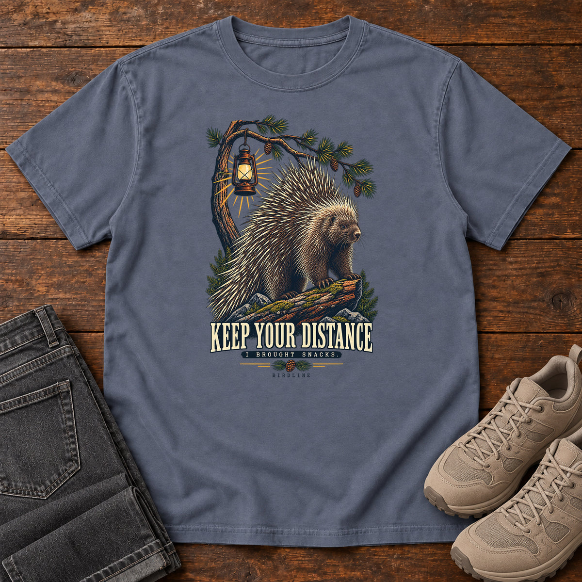 Keep Your Distance I Brought Snacks Porcupine T-Shirt in Denim