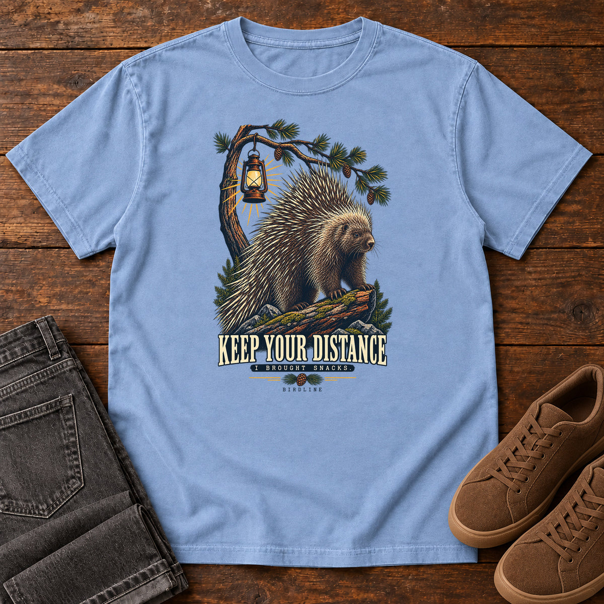 Keep Your Distance I Brought Snacks Porcupine T-Shirt in Washed Denim