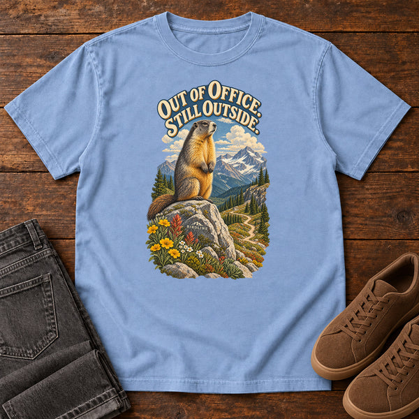 Out of Office Still Outside Marmot T-Shirt in Washed Denim, front view