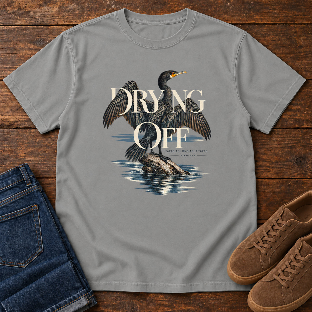 Drying Off Cormorant T-Shirt in Grey