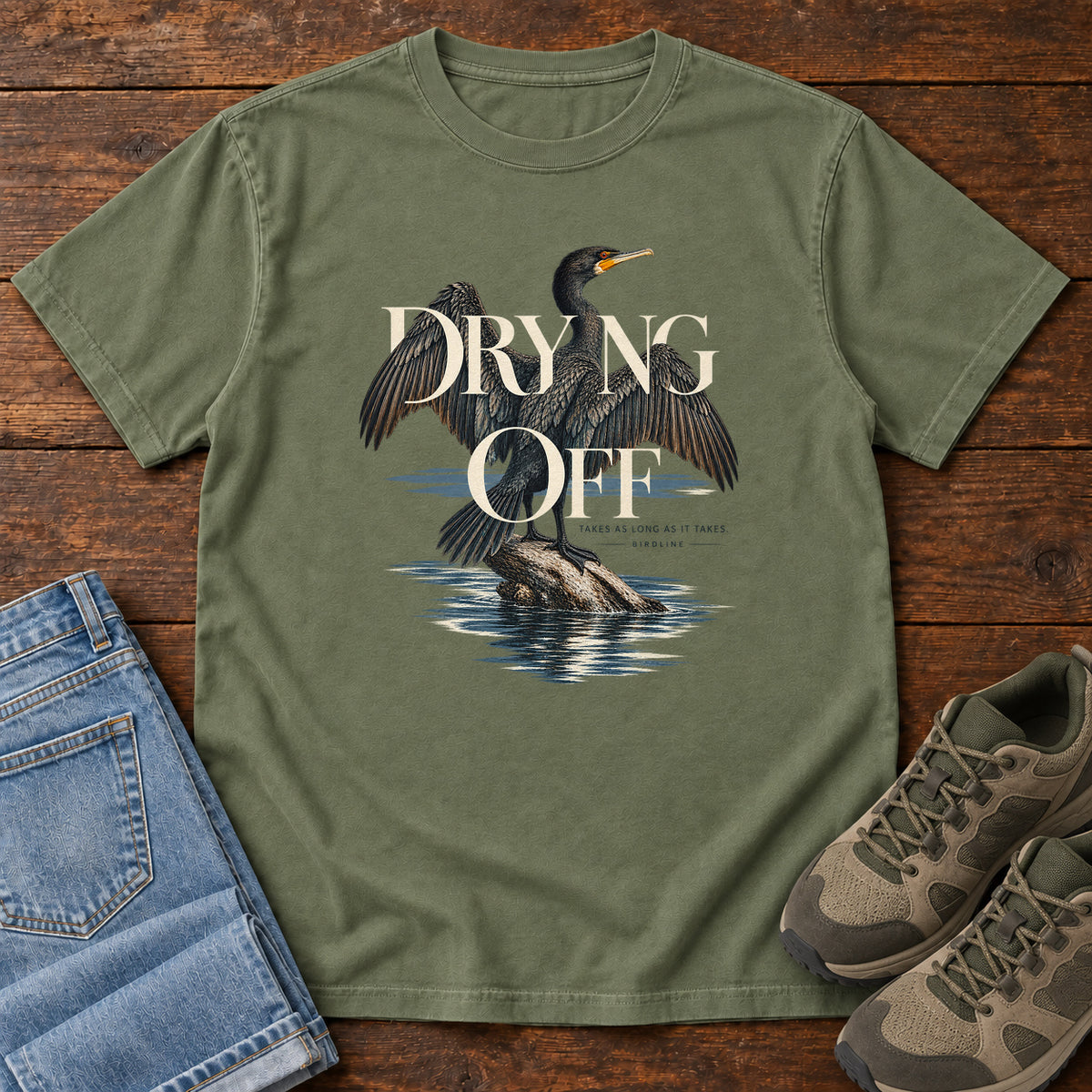 Drying Off Cormorant T-Shirt in Moss