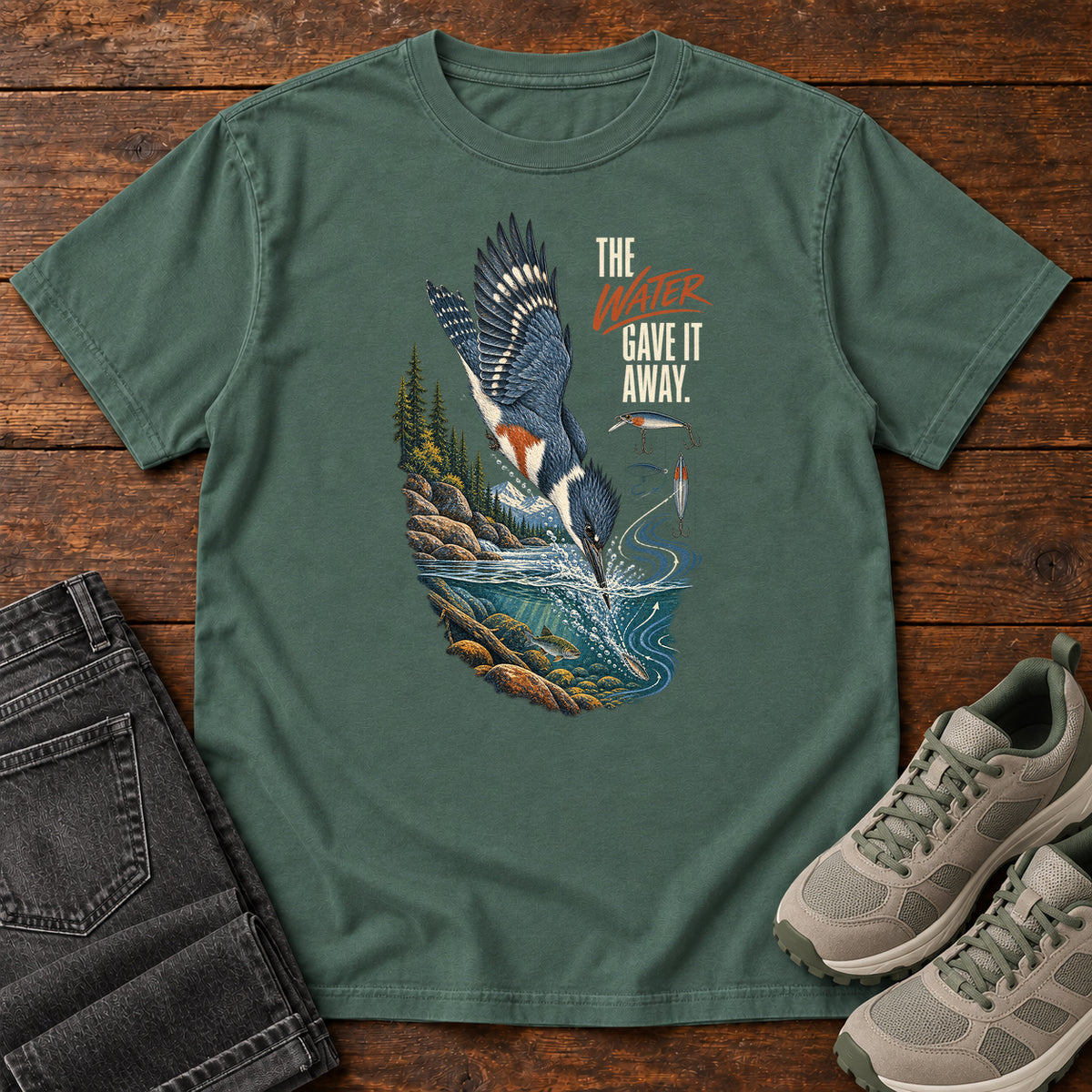 The Water Gave It Away Kingfisher T-Shirt in Blue Spruce