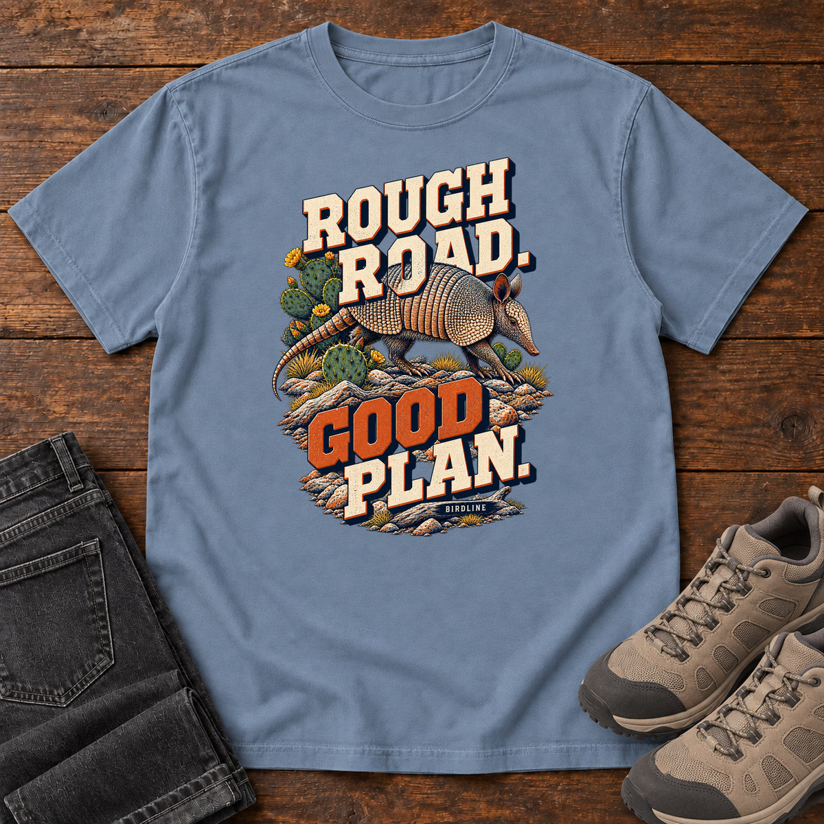Rough Road Good Plan Armadillo T-Shirt in Blue Jean