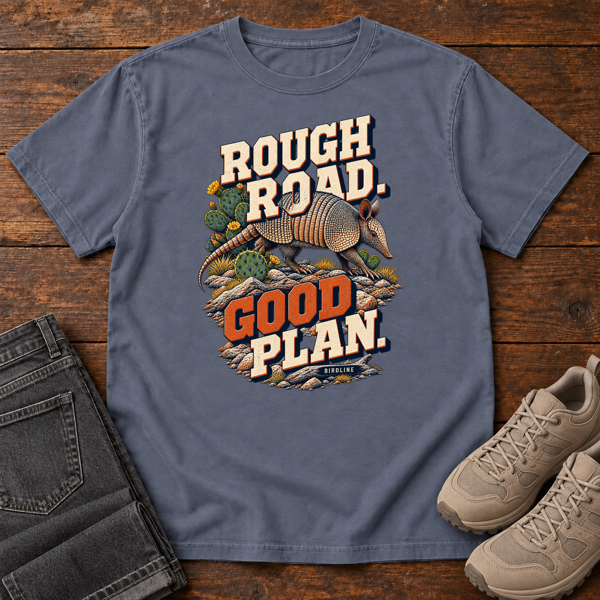 Rough Road Good Plan Armadillo T-Shirt in Denim